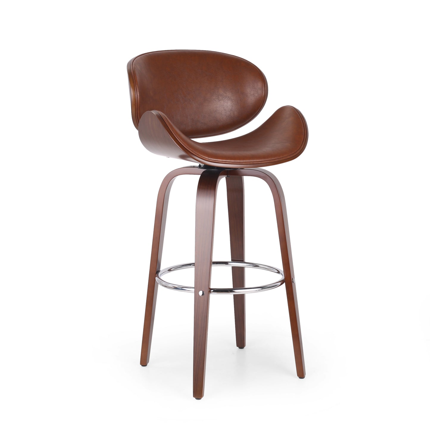 30" Mid-Century Modern Upholstered Swivel Barstool, Walnut + Cognac