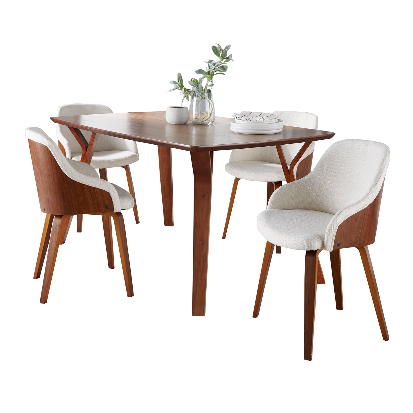 Folia-Bacci Mid-Century Modern Dining Set in Walnut Wood and Cream Fabric by LumiSource - 5 Piece