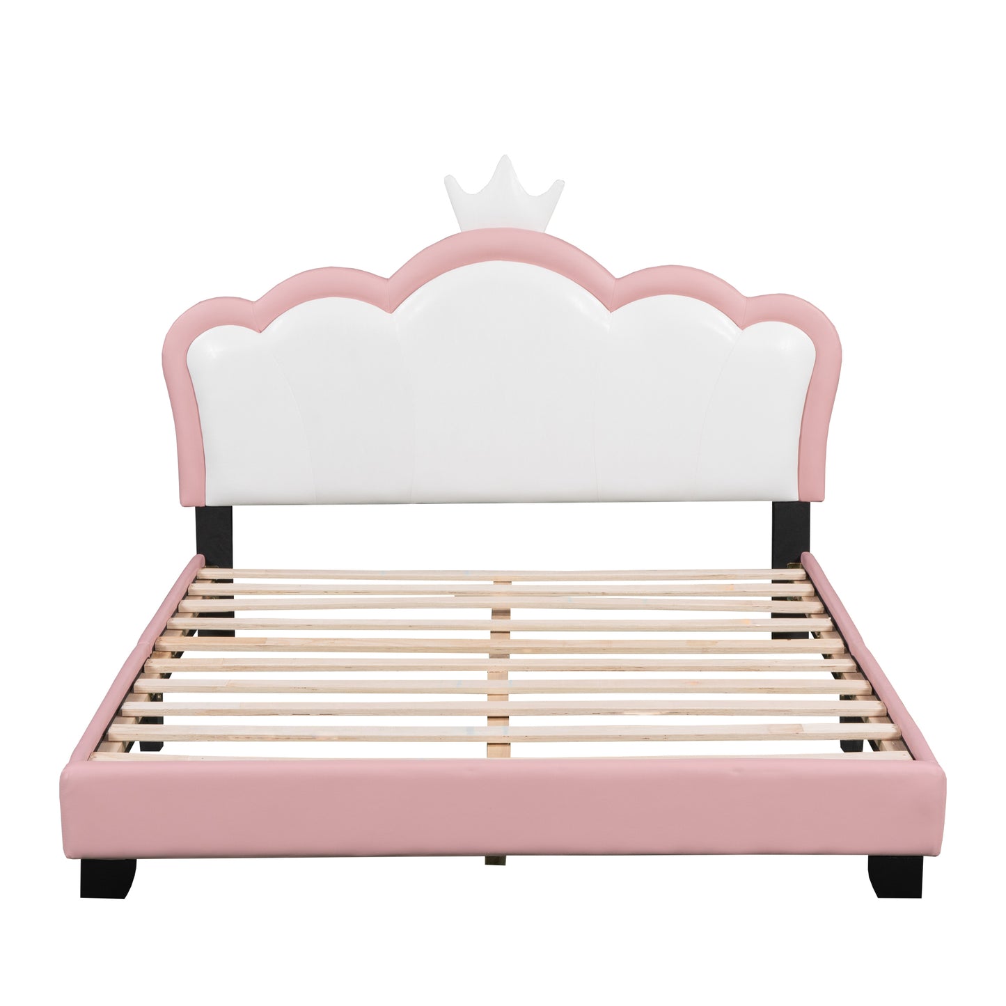 Full size Upholstered Princess Bed With Crown Headboard,Full Size Platform Bed with Headboard and Footboard, White+Pink