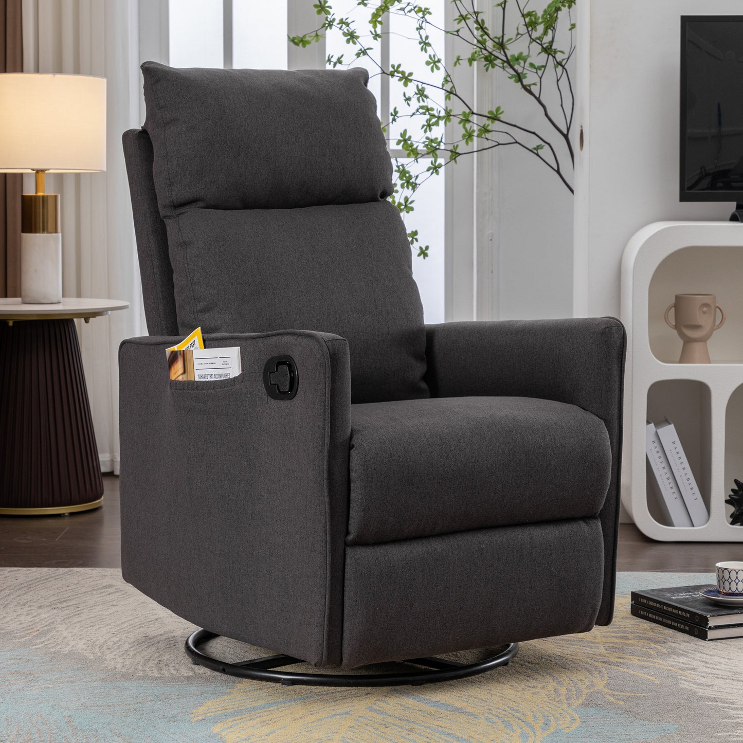 038-Cotton Linen Fabric Swivel Rocking Chair Glider Rocker Recliner Nursery Chair With Adjustable Back And Footrest For Living Room Indoor,Dark Gray