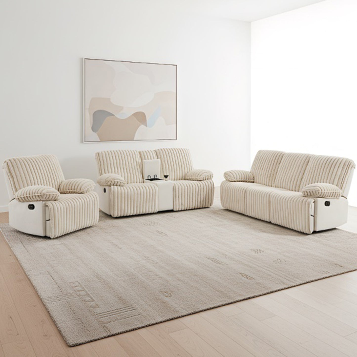 Manual Reclining Sofa 1+2+3 Seat, Recliner Sofa with Hidden Cup Holders, Wall Hugger Recliner Couch for Living Room Home Theater, Beige