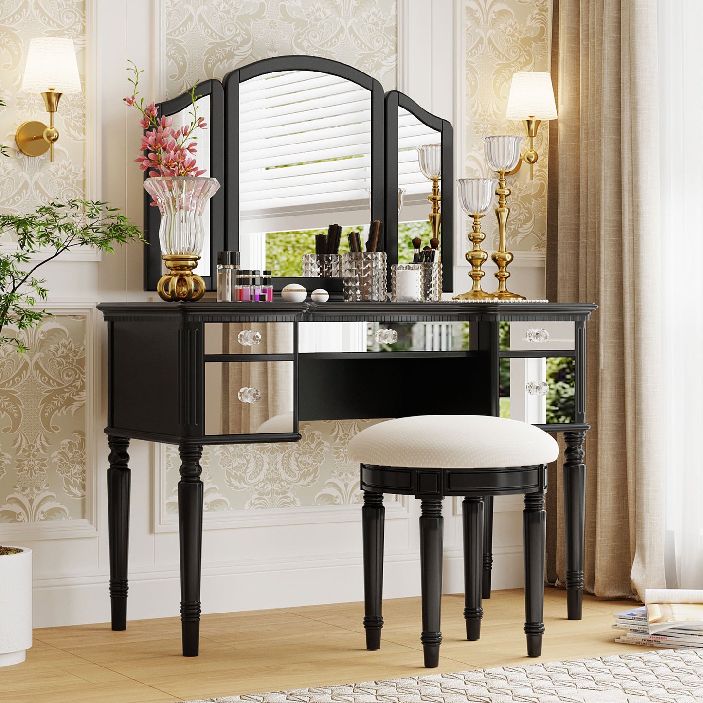 GO 43" Dressing Table Set with Mirrored Drawers and Stool, Tri-fold Mirror, Makeup Vanity Set for Bedroom, Black