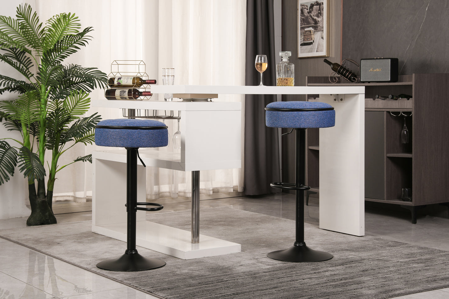 Round Storage Bar Stool Set of 2, Blue Linen Height Adjustable Barstool, 360°Counter Height Swivel Stool, Armless Bar Chair with Metal Frame for Kitchen Counter Dining Living Room