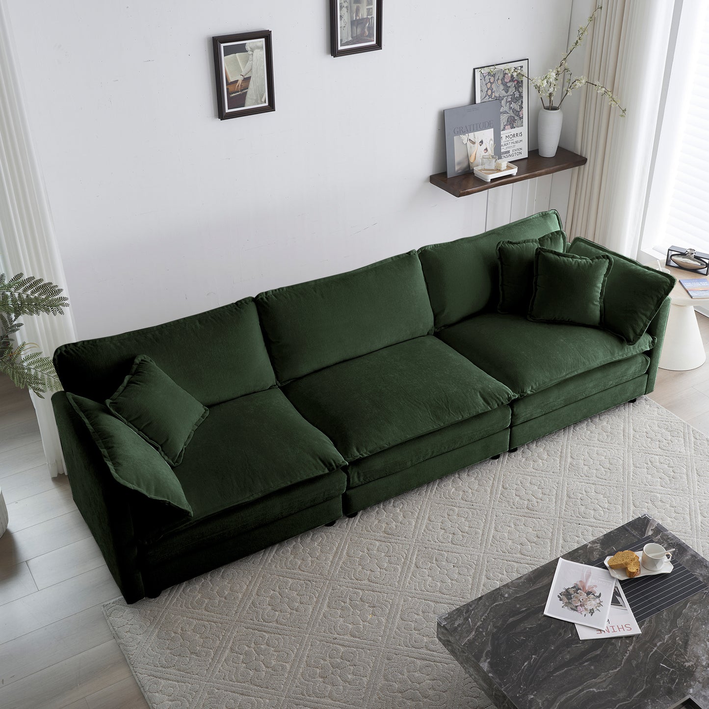 Mid-Century Modern Couch 3-Seater Sofa with 2 Armrest Pillows and 3 Toss Pillows, Couch for Living Room Green Chenille