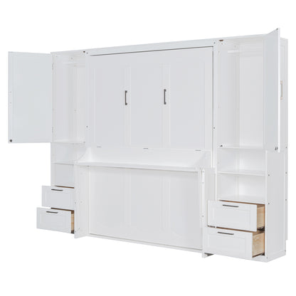 Queen Size Murphy Bed Wall Bed with Closet ,Drawers and Shelves,White