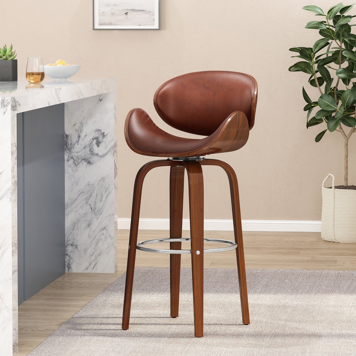 30" Mid-Century Modern Upholstered Swivel Barstool, Walnut + Cognac