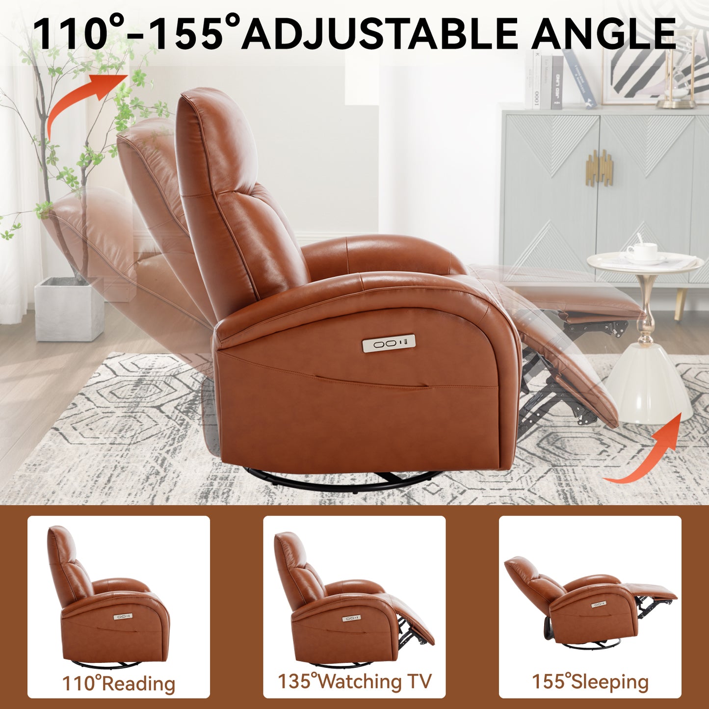 Yellow Brown Genuine Leather Swivel and Rocker Power Recliner Chair with Lumbar Support, Max Swivel Degree 270°, Heavy Duty Motion Mechanism with USB and Type-C