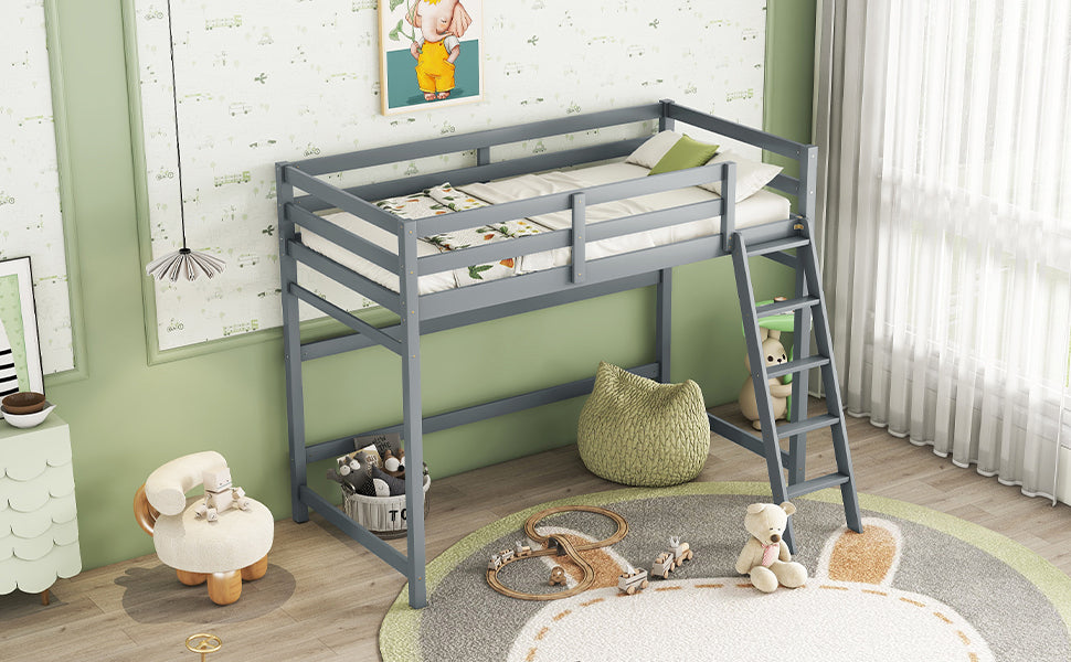 Twin Size High Loft Bed with inclined Ladder, Guardrails,Grey