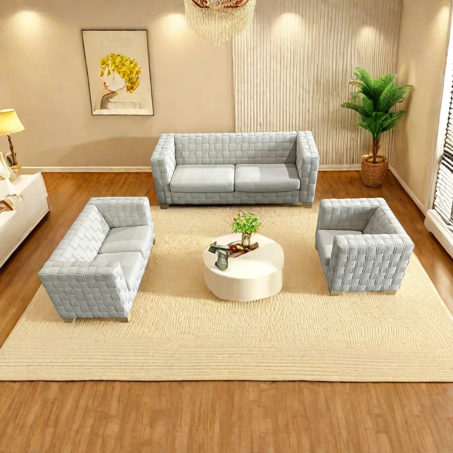 FX-D1 SOFA SET Include Chair Loveseat And Sofa Light Beige ColorLinen & Oak Natural Wood color sofa legs