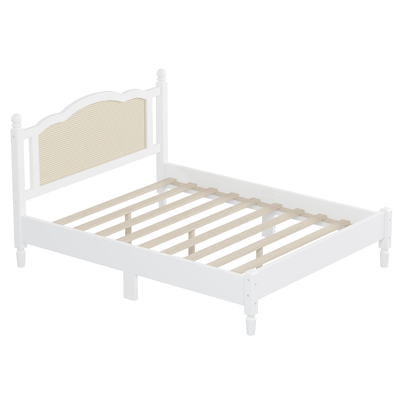 Queen Size Wooden Platform Bed with Natural Rattan Headboard, Vintage Bed Frame with Wooden Slat Support, White