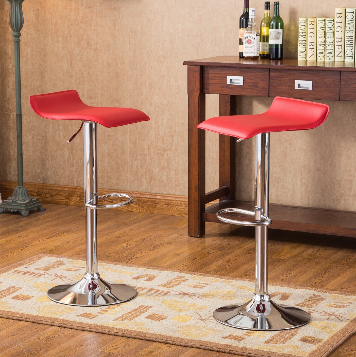 Contemporary Chrome Air Lift Adjustable Swivel Stools with Red Seat, Set of 2