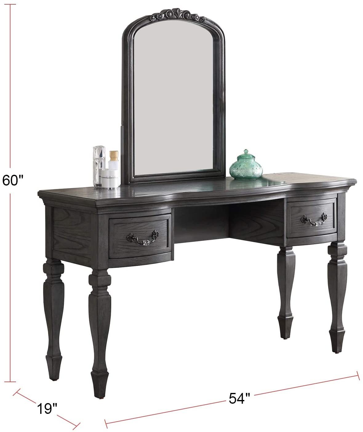 Bedroom Classic Vanity Set Wooden Carved Mirror Stool Drawers Antique Grey Finish