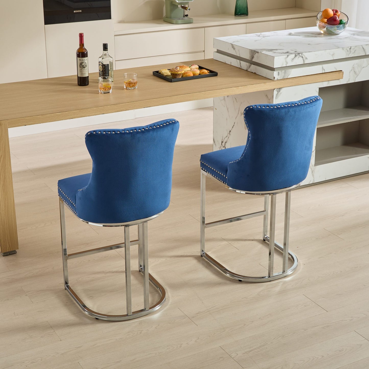 25" Counter Height Bar Stools Set of 2, Modern Velvet Barstools with Button Back&Rivet Trim Upholstered Kitchen Island Chairs with Sturdy Chromed Metal Base Legs Farmhouse Bar Stools, (Blue,2 Pack)