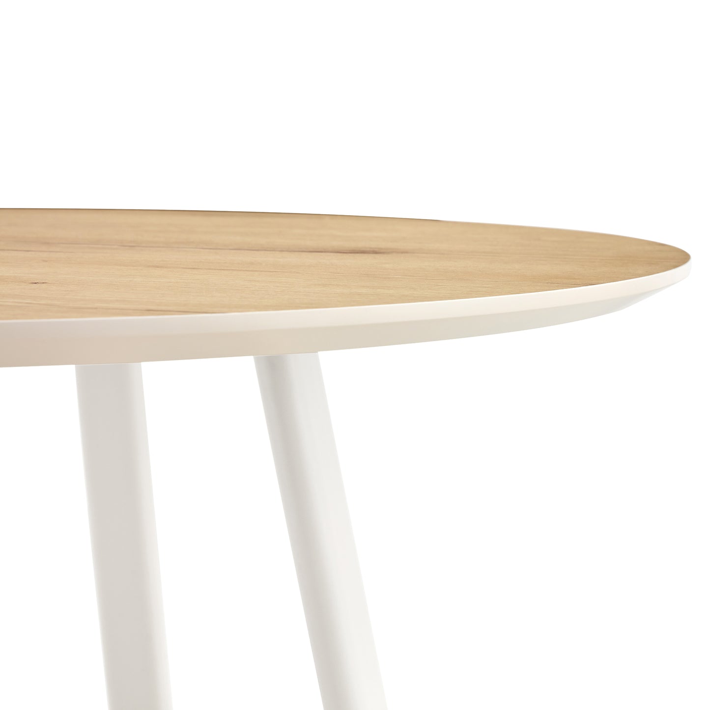 A modern and minimalist circular dining table with a 42 inch diameter wood colorer patterned tabletop and white metal legs. Suitable for restaurants, living rooms, and conference rooms.