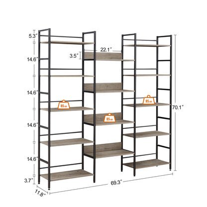 Triple Wide 5-shelf Bookshelves Industrial Retro Wooden Style Home and Office Large Open Bookshelves, Grey, 69.3"W x 11.8"D x 70.1"H