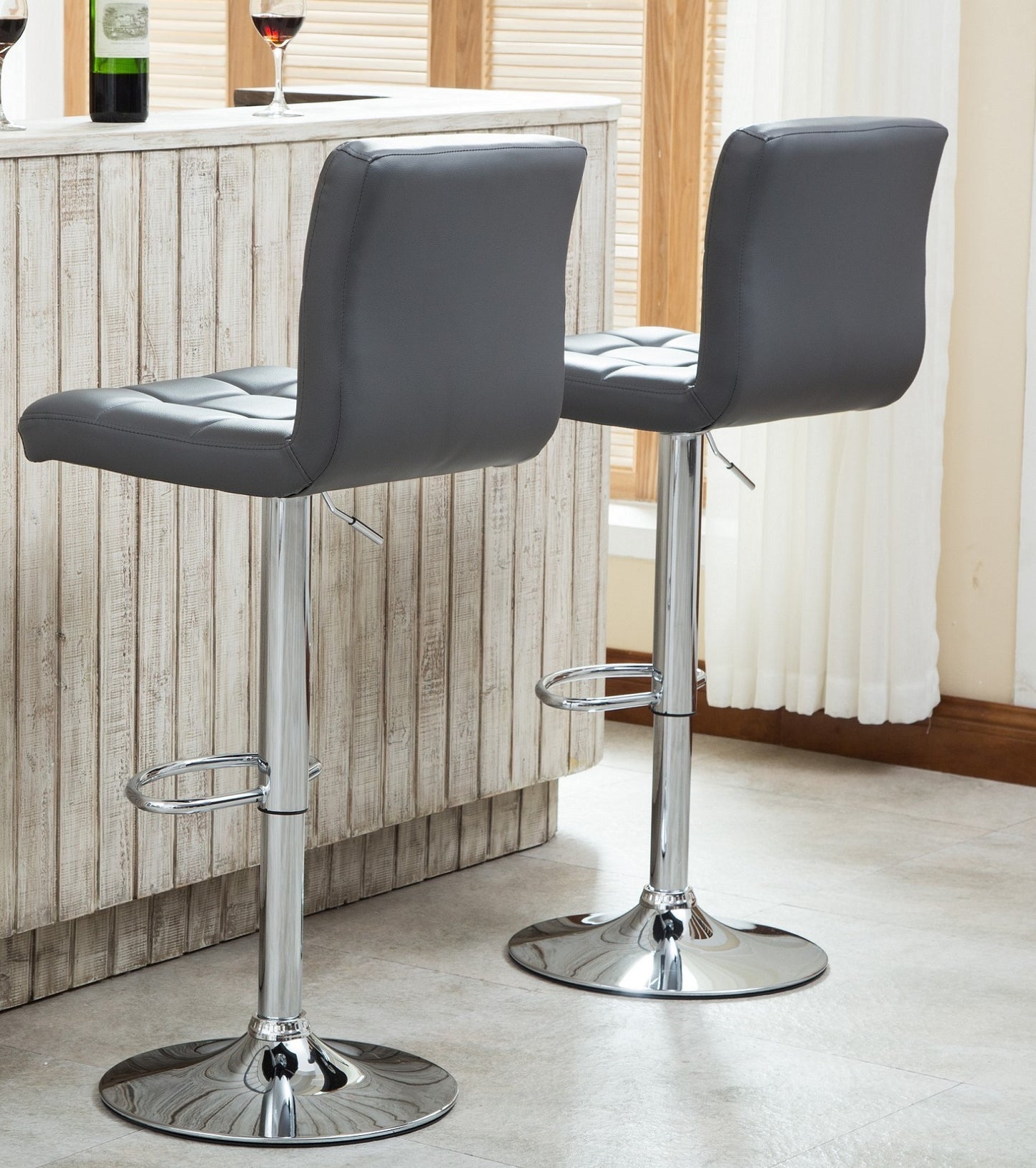 Swivel Faux Leather Adjustable Hydraulic Bar Stool, Set of 2, Gray