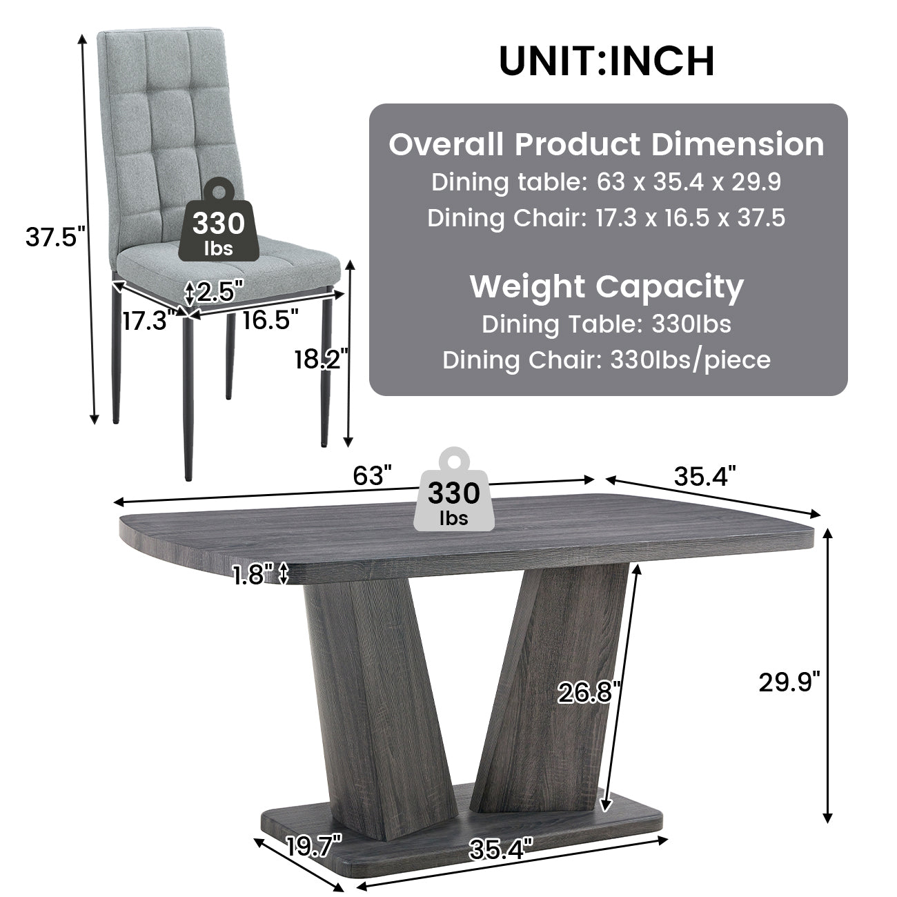 Dining Table Set for 6, 7 Piece Kitchen Table Chairs Set, 1.8" Thickness Tabletop and V-shaped Table Legs, Modern Dining Room Set with 63 inch Dinner Table and 6 Upholstered Chairs for Dining Room