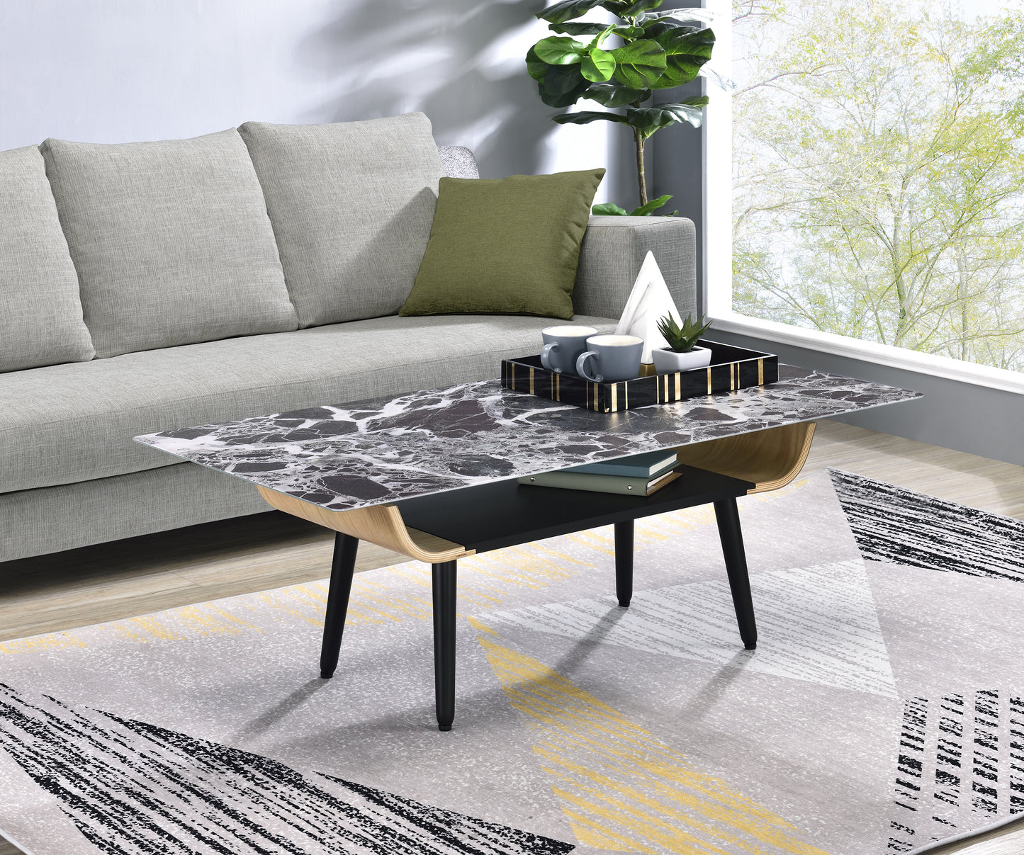 Landon 47' Coffee Table with Glass Black Marble Texture Top and Bent Wood Design