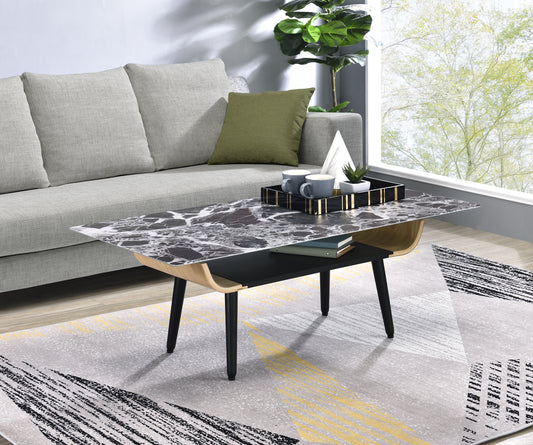 Landon 47' Coffee Table with Glass Black Marble Texture Top and Bent Wood Design