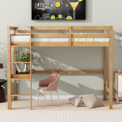 Twin High Loft Bed, Rubber Wood  Loft Bed with Safety Guardrail, built-in desk, ladder,White Oak