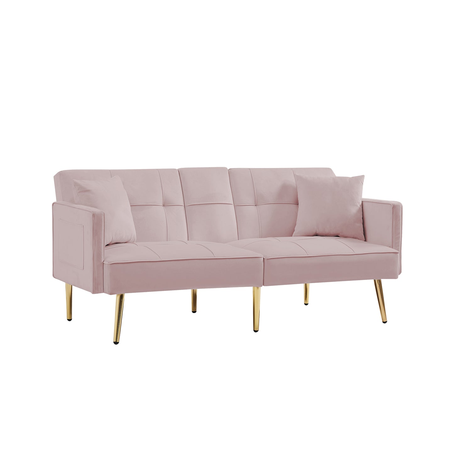 Pink Velvet Futon Sofa Bed with Gold Metal Legs