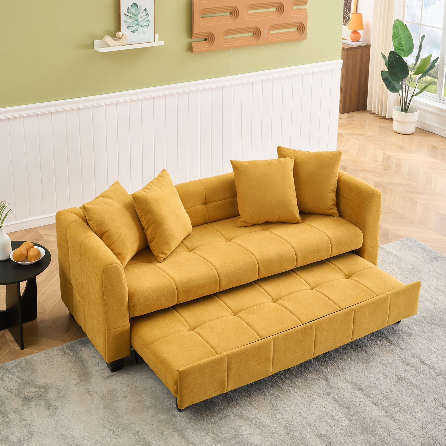 77.9-inch folding dual-purpose three-seater yellow flannel sofa that can be pulled out and turned into a bed, suitable for use in bedrooms and living rooms.