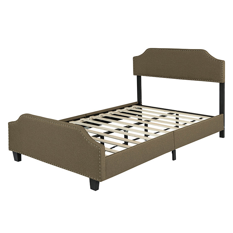 Upholstered Linen Queen Bed Frame, Platform Bed with Curved Shape Headboard and Footboard, Metal Frame with Wood Slat Support, Headboard Height Adjustable, No Box Spring Needed,  Chocolate