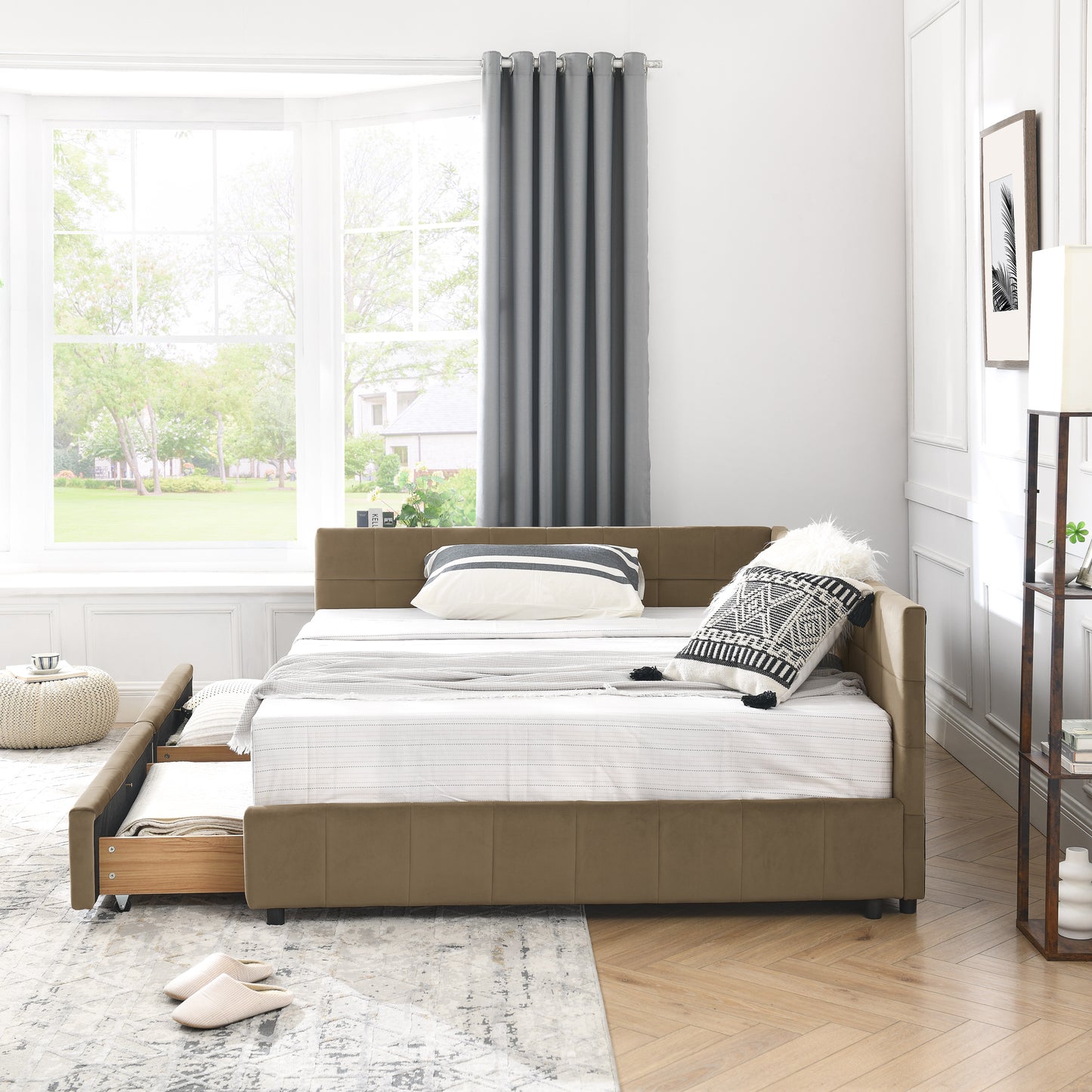 Full Size Storage Upholstered Tufted Bed Frame, Sofa Bed Frame with Comfortable Backrest and Armrests, Full Size Bed for Bedroom, Living Room,Velvet, BROWN(80.5''*59''*29.5'')