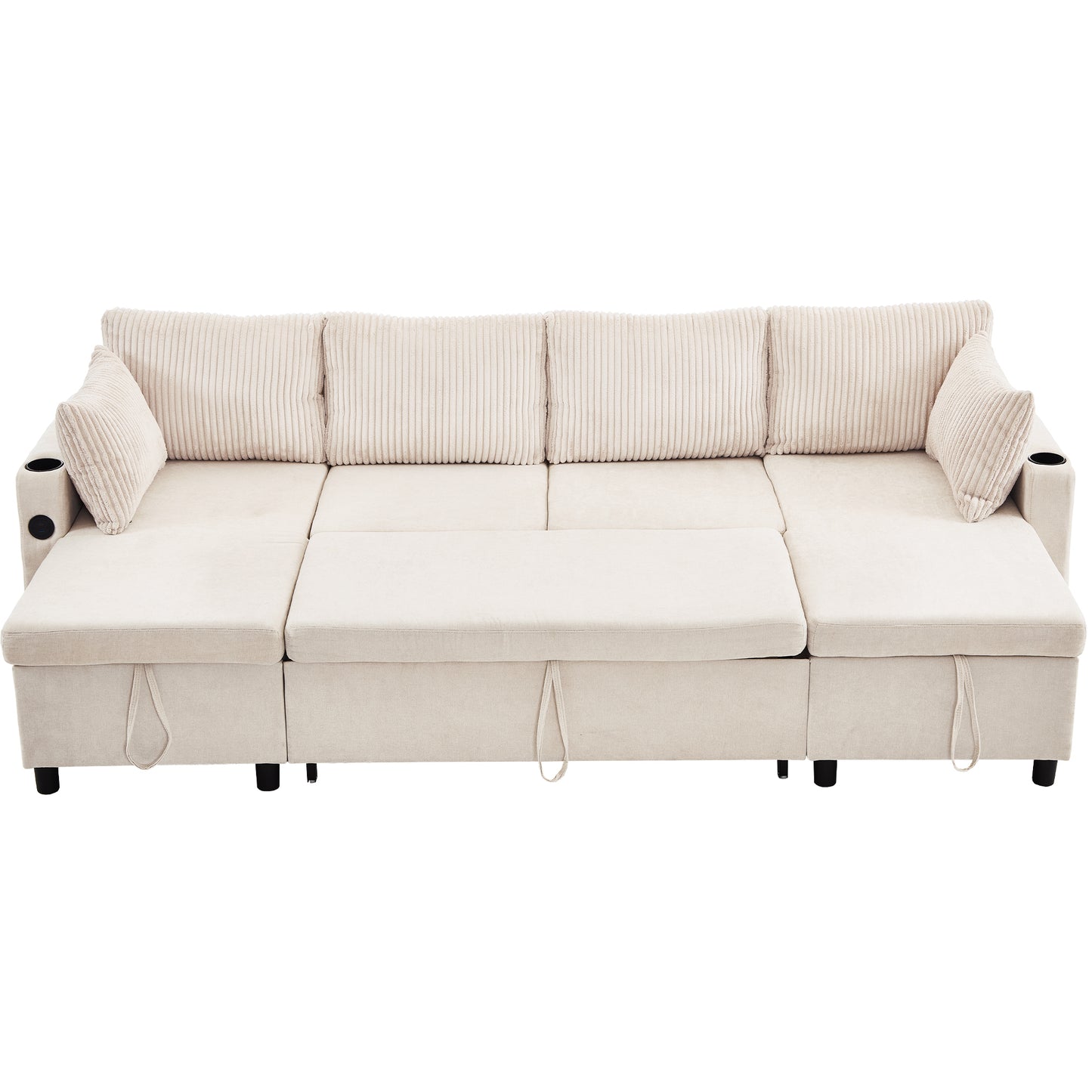 111.8" Sectional Sofa Pull-out Sofa Bed Versatile Sofa Sleeper with Large Storage Space, Two USB Ports and Two Cup Holders for Living Room, Beige