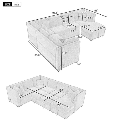 108.6" U-shaped Sectional Sofa Pull out Sofa Bed with Two USB Ports, Two Power Sockets, Three Back Pillows and a Storage Chaise for Living Room, Light Gray