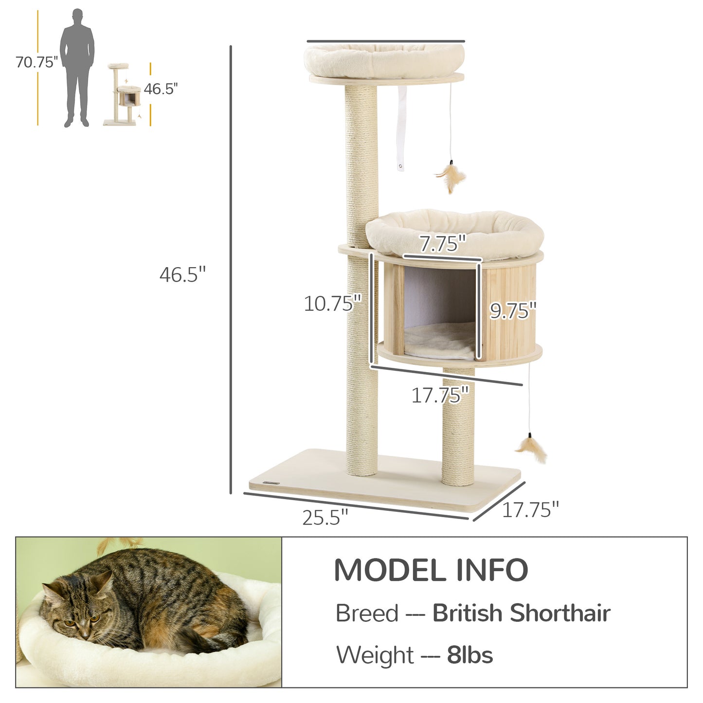 PawHut 3-Level Cat Tree with Sisal Scratching Posts, Fun Cat Badminton Toy for Playing, Soft Cushions, & Play Areas