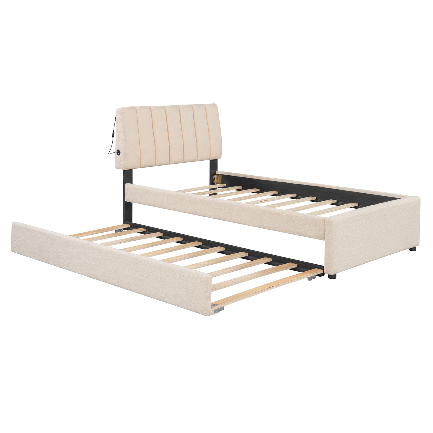 Teddy Fleece Twin Size Upholstered Platform Bed with Trundle, Beige