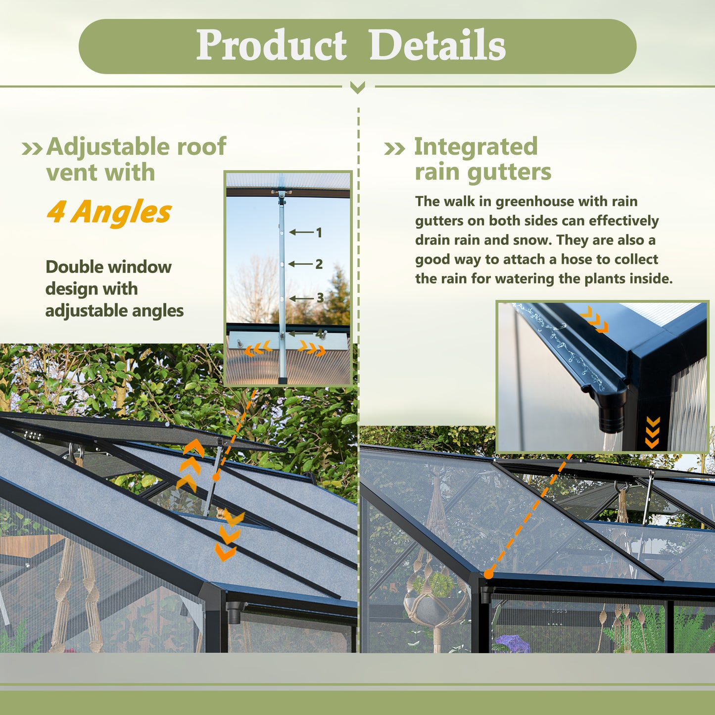 6' x 12' Thicked Polycarbonate Greenhouse, Greenhouse with Double Flush Door, Rain Gutter and Ventilation Window, Green House for Sunroom, Garden, Backyard, Walk-in Large Winter Greenhouse