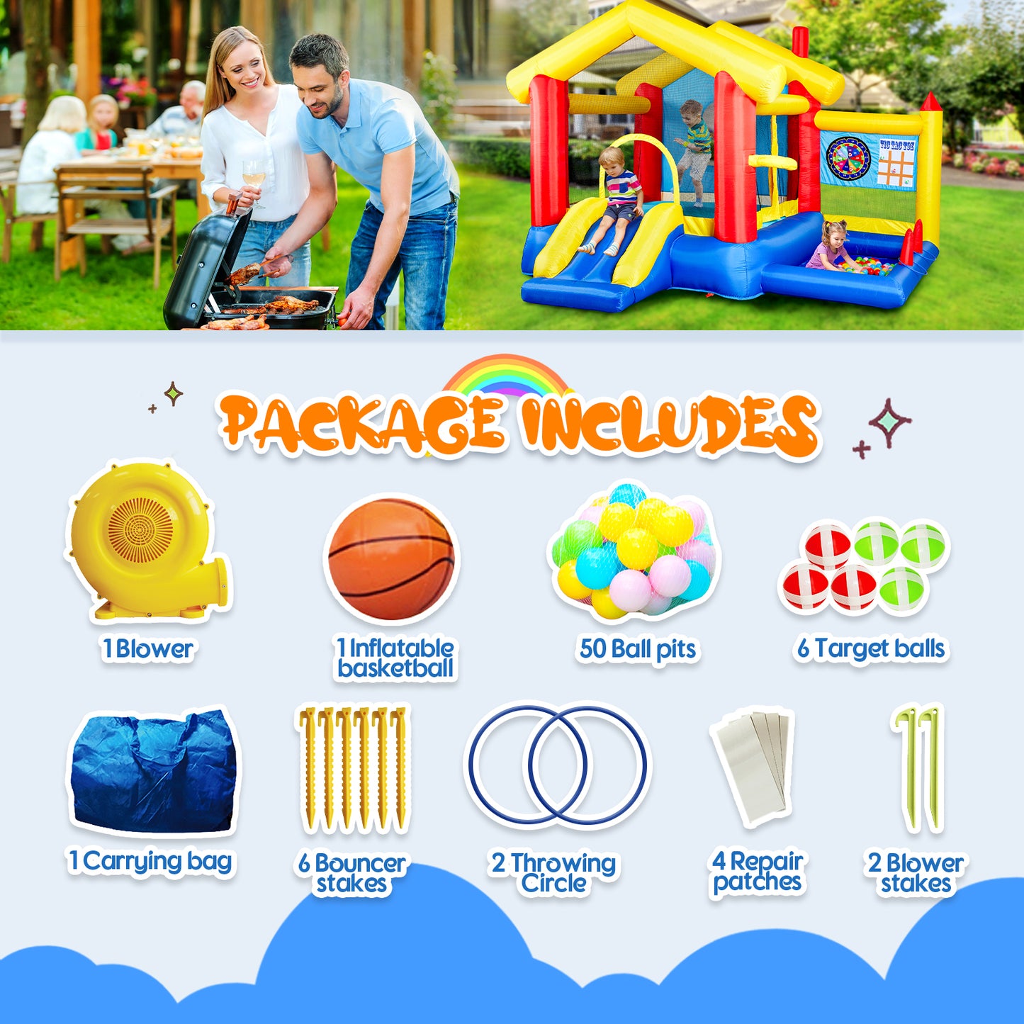 8 in 1 Inflatable Bounce House with Blower Basketball Hoop Ocean Balls Ring-toss Game Target  and Sticky Ball Game for Kids