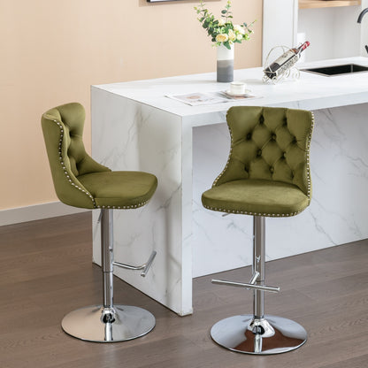 Swivel Velvet Barstools Adjusatble Seat Height from 25-33 Inch, Modern Upholstered Chrome base Bar Stools with Backs Comfortable Tufted for Home Pub and Kitchen Island, Olive-Green,Set of 2,1712OL