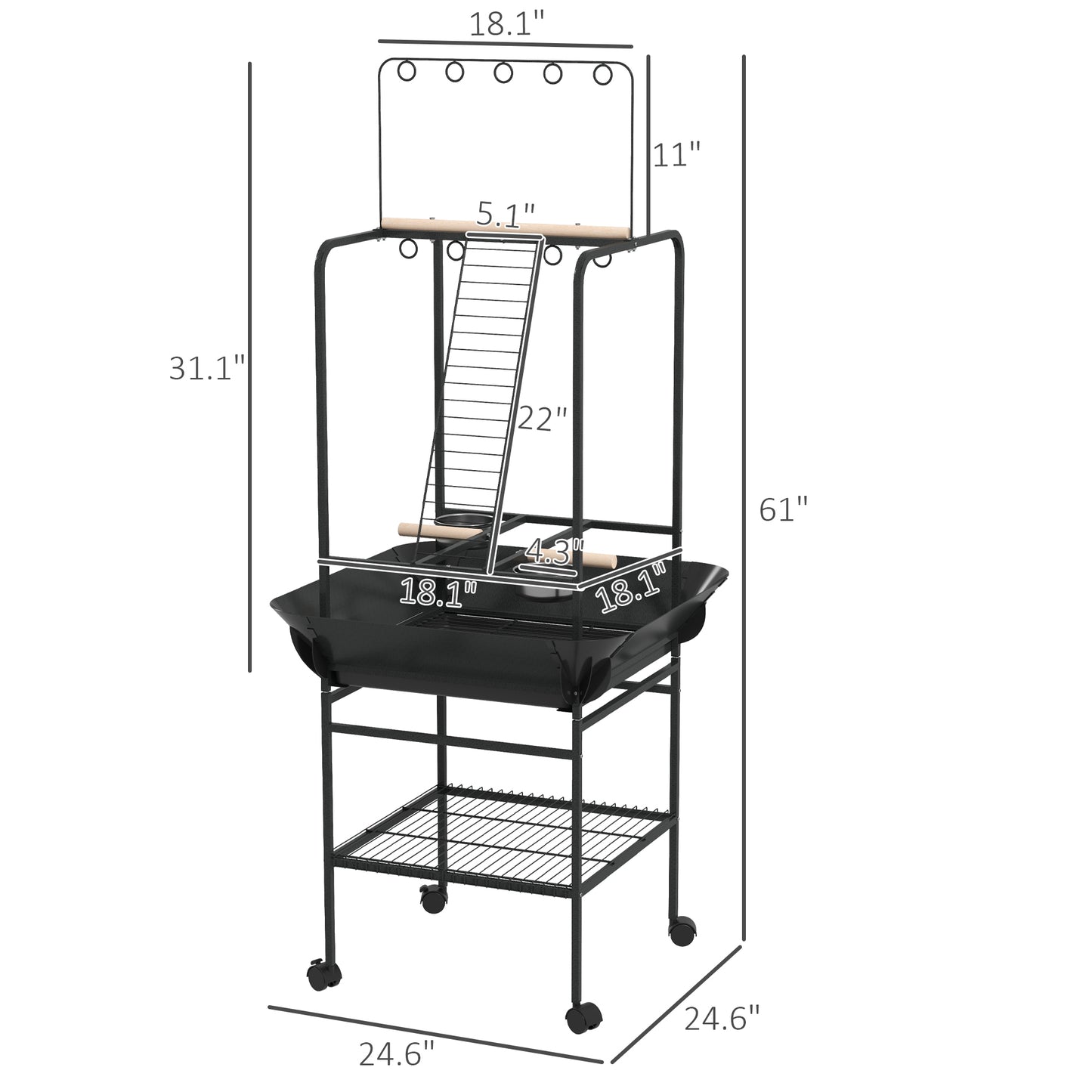 PawHut Bird Stand with Wheels, Parrot Stand with Perches, Stainless Steel Feed Bowls, Pull-Out Tray, Toy Hanger, Bird Play Stand for Indoor Outdoor Small Parrot, Dark Gray