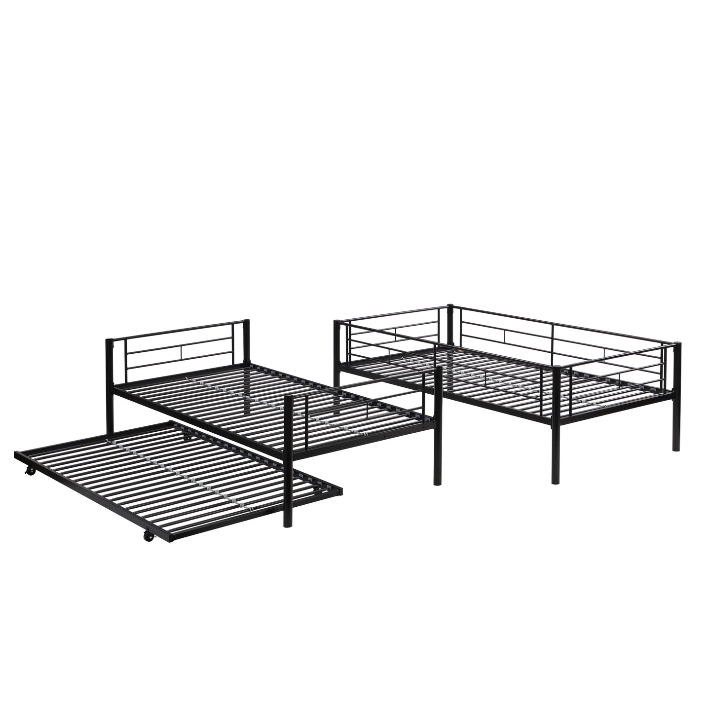 Over Twin Bunk Bed Frame with Trundle,Metal Bunkbed with Sturdy Guard Rail and 2 sideLadders for Kids/Adults,Can be Divided Into Two Beds, No Box Spring Needed, Noise Free for Dorm,Black