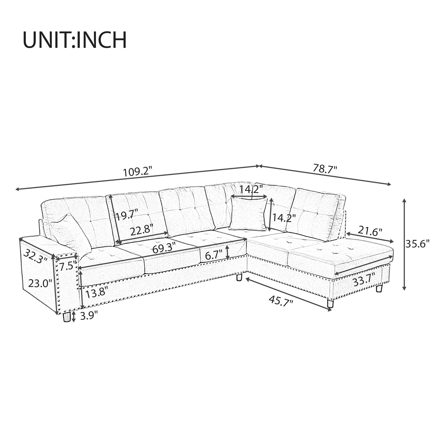 U_Style 109.2''L-shaped Modular Sectional Sofa with Removable  Back Cushions and 2 Pillows, Suitable for Living rooms, Offices, and Apartments