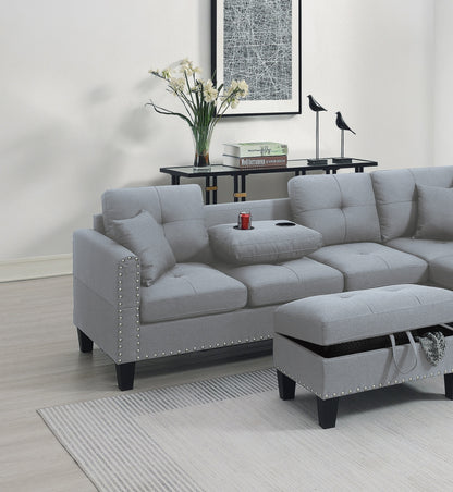 Living Room Furniture 3-PCS Sectional Sofa Set LAF Sofa RAF Chaise And Storage Ottoman Cup Holder Taupe Grey Color Linen-Like Fabric Couch