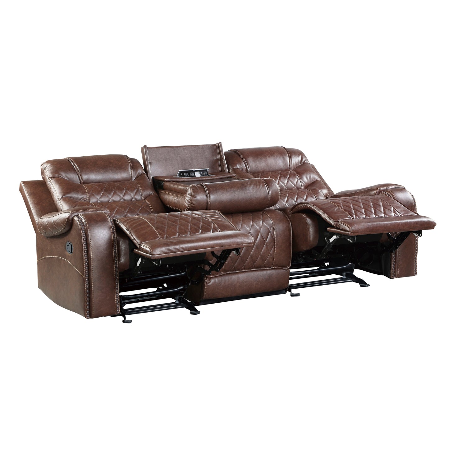 Luxurious Living Room Furniture 3pc Reclining Sofa Set Brown Breathable Faux Leather Upholstery Sofa Loveseat Swivel Chair, USB Ports, Power Outlets, Diamond pattern Stitching