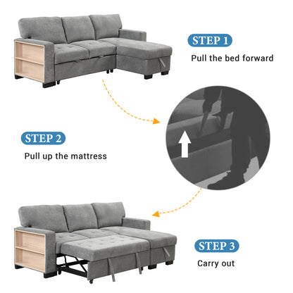 Stylish and Functional Light Chaise Lounge Sectional with Storage Rack Pull-out Bed Drop Down Table  and USB Charger Gray