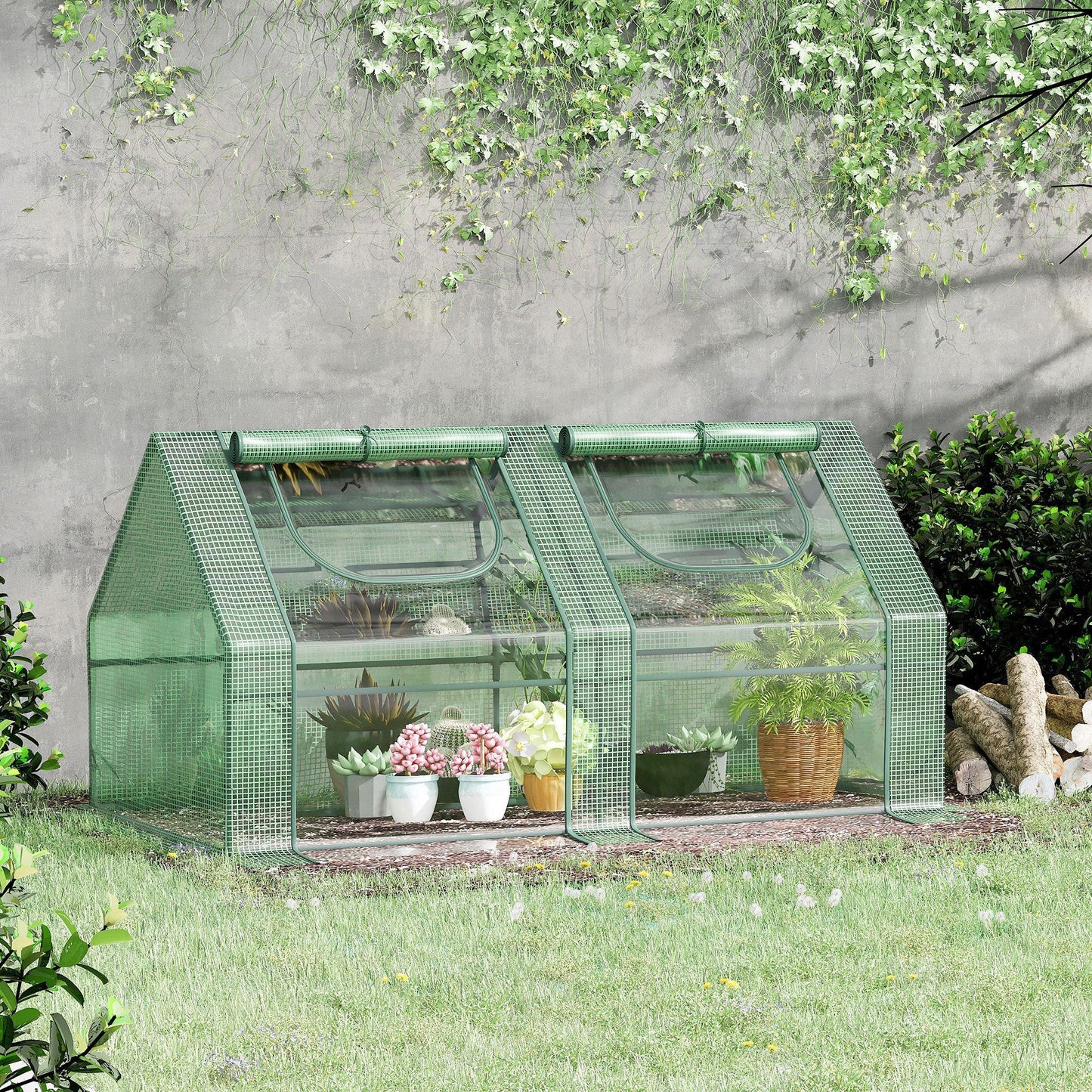 Outsunny 6' x 3' x 3' Portable Greenhouse, Garden Green House with 2 PE/Plastic Covers, Steel Frame and 2 Roll Up Windows, Green