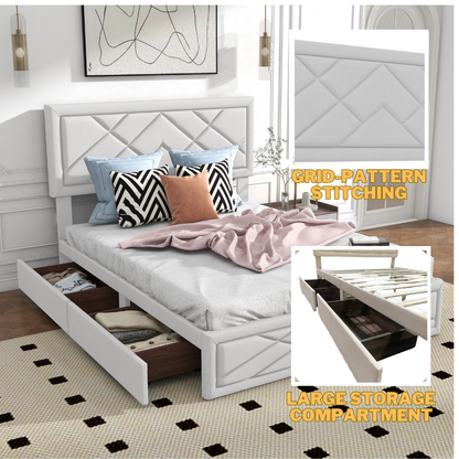 Queen Bed Frame with Headboard & Storage, Upholstered Queen Bed Frame with Storage (BEIGE) - White Label