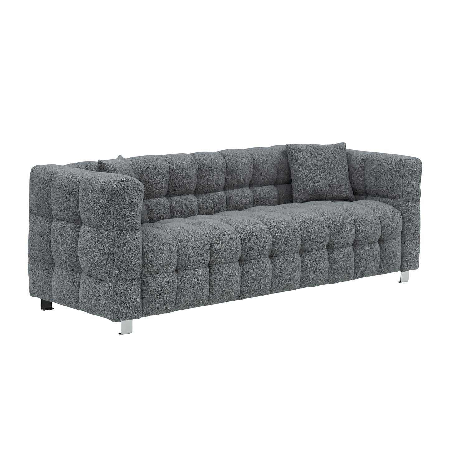 Grey teddy fleece sofa 80 inch discharge in living room bedroom with two throw pillows hardware foot support