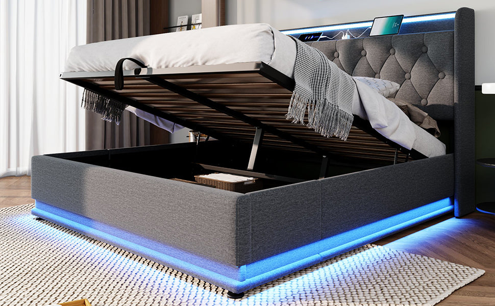 Full size Upholstered bed, 360 surround LED function, Buttons/Apps/Remote Control, hydraulic storage bed with USB Type-C charging, Gray,Linen (Without mattress)