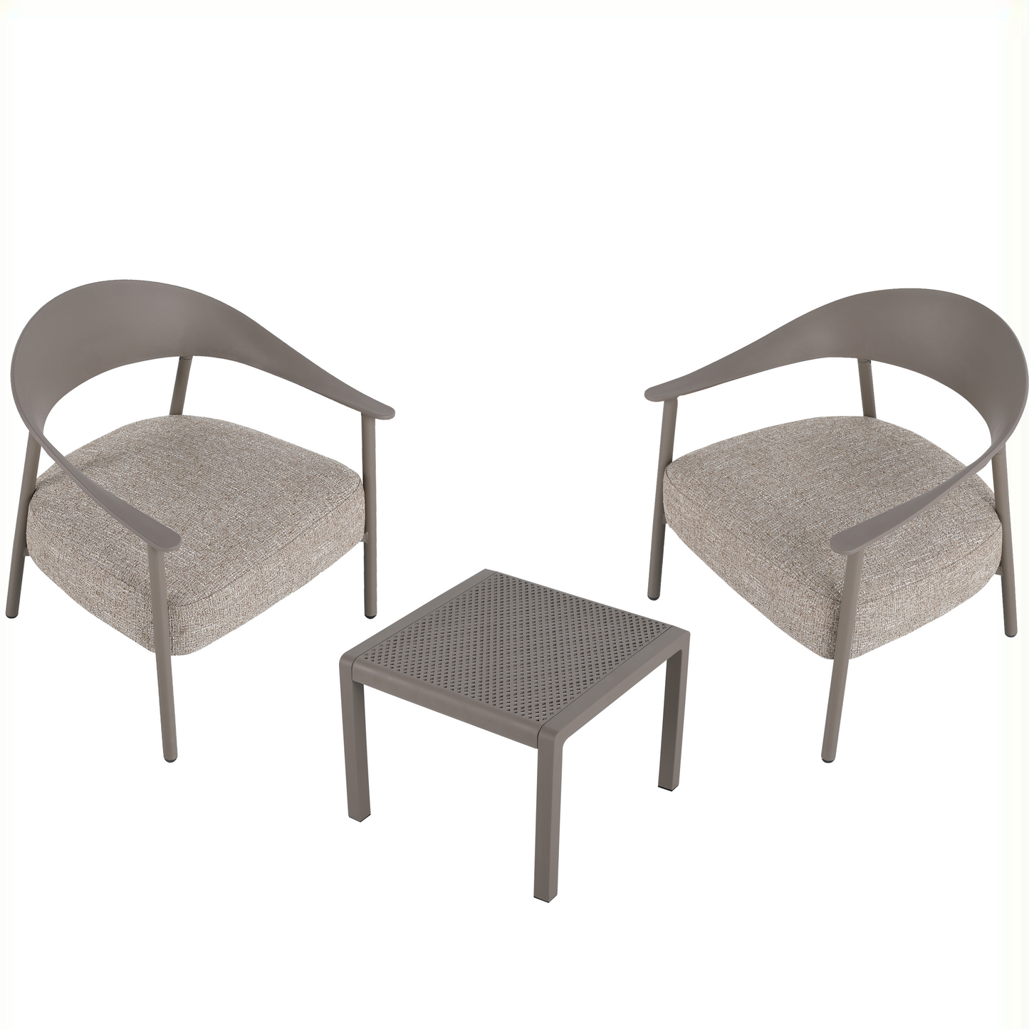 Furniture Set with Seat Cushions, Sturdy and Durable, in Warm Grey. Dimensions: 29.13*25*29.53 (in)/19.69*19.69*14.96 (in). Chair Body made of Plywood, Powder-coated Metal Legs, and PP Table.