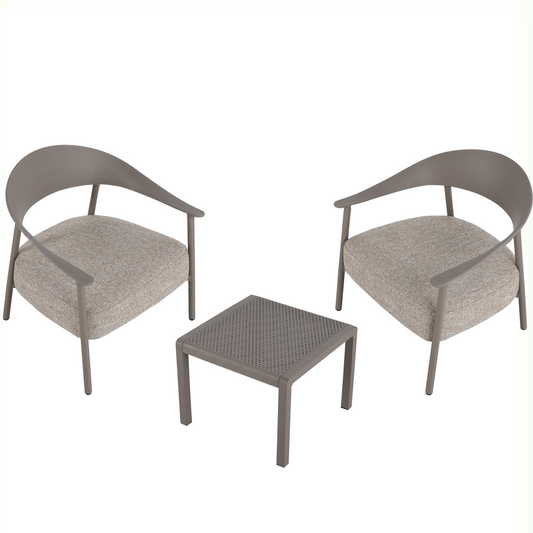 Furniture Set with Seat Cushions, Sturdy and Durable, in Warm Grey. Dimensions: 29.13*25*29.53 (in)/19.69*19.69*14.96 (in). Chair Body made of Plywood, Powder-coated Metal Legs, and PP Table.
