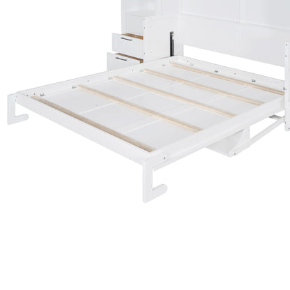 Queen Size Murphy Bed Wall Bed with Closet ,Drawers and Shelves,White