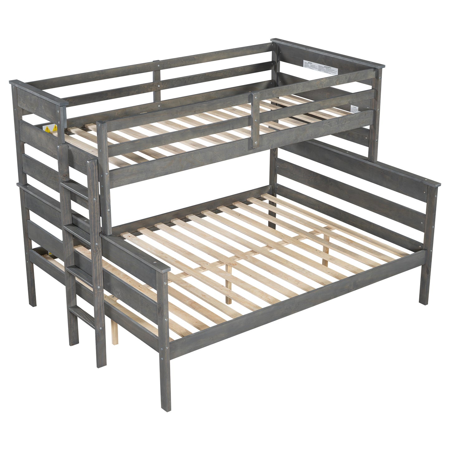 Gray Wood Twin XL over Queen Bunk Bed with Ladder, Pine Wood+MDF, 84''L x 64.3''W x 59.5''H