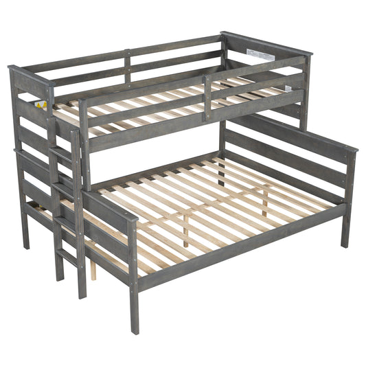 Gray Wood Twin XL over Queen Bunk Bed with Ladder, Pine Wood+MDF, 84''L x 64.3''W x 59.5''H